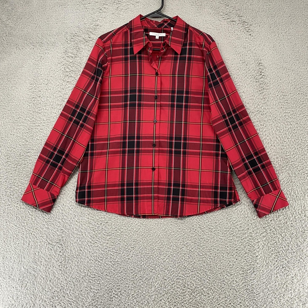 Foxcroft Shirt Womens 12 Red Plaid Button Up Wrinkle Free Wrinkle Free Blouse